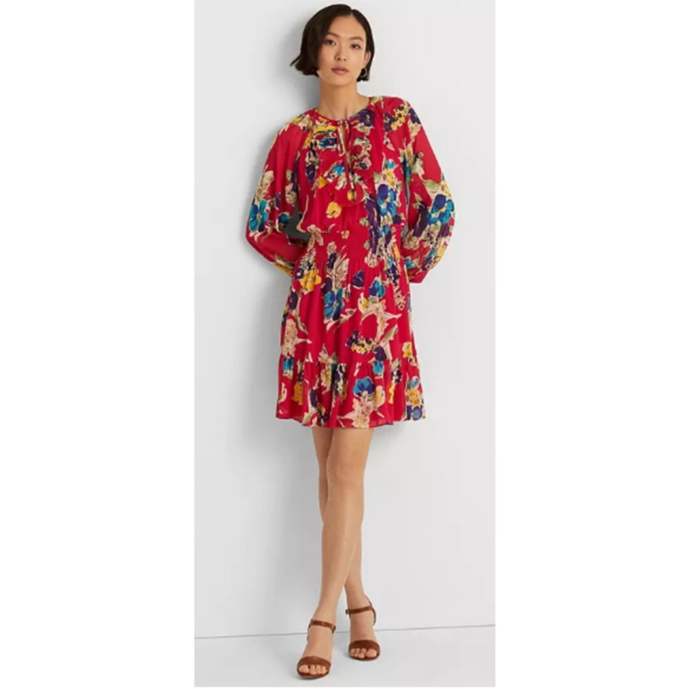 Lauren Ralph Lauren Floral Crinkle Georgette Long-Sleeve Dress